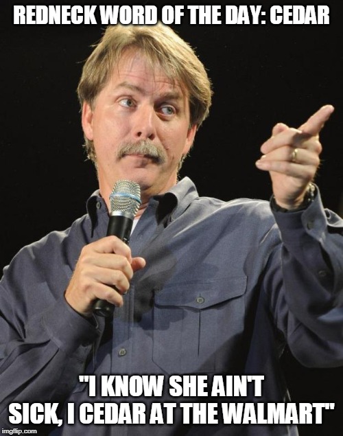 Jeff Foxworthy | REDNECK WORD OF THE DAY: CEDAR; "I KNOW SHE AIN'T SICK, I CEDAR AT THE WALMART" | image tagged in jeff foxworthy | made w/ Imgflip meme maker