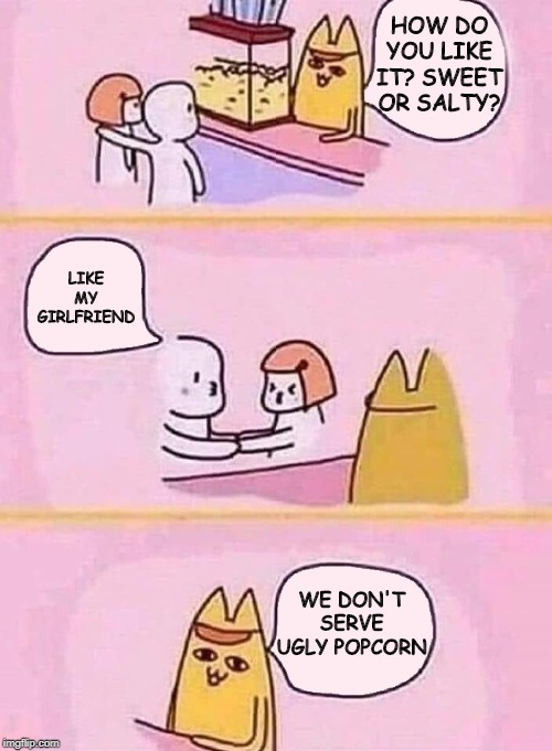 cartoon | HOW DO YOU LIKE IT? SWEET OR SALTY? LIKE MY GIRLFRIEND; WE DON'T SERVE UGLY POPCORN | image tagged in cartoon,funny,funny memes | made w/ Imgflip meme maker