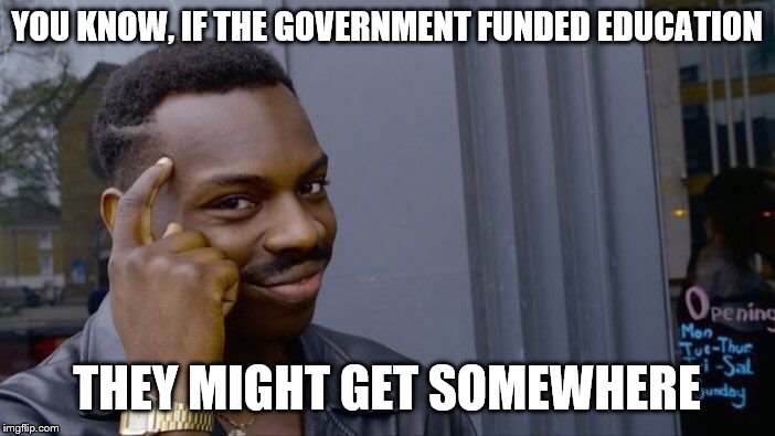 Roll Safe Think About It Meme | YOU KNOW, IF THE GOVERNMENT FUNDED EDUCATION THEY MIGHT GET SOMEWHERE | image tagged in memes,roll safe think about it | made w/ Imgflip meme maker