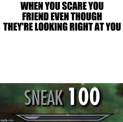 oop |  WHEN YOU SCARE YOU FRIEND EVEN THOUGH THEY'RE LOOKING RIGHT AT YOU | image tagged in sneak 100 | made w/ Imgflip meme maker
