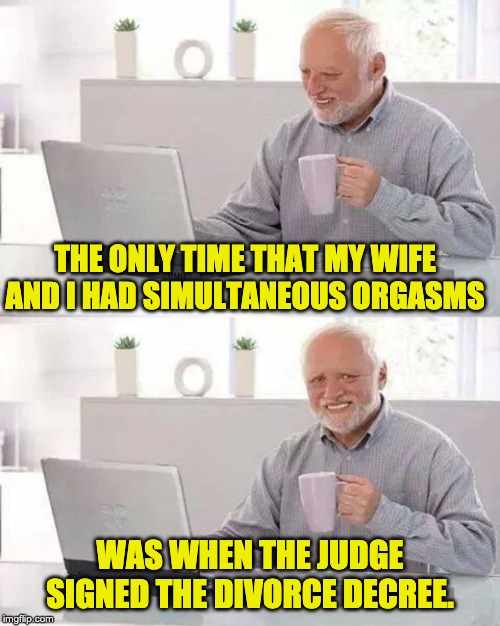 Hide the Pain Harold Meme | THE ONLY TIME THAT MY WIFE AND I HAD SIMULTANEOUS ORGASMS; WAS WHEN THE JUDGE SIGNED THE DIVORCE DECREE. | image tagged in memes,hide the pain harold | made w/ Imgflip meme maker