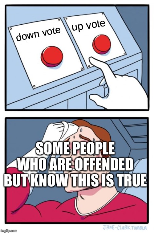 Two Buttons Meme | down vote up vote SOME PEOPLE WHO ARE OFFENDED BUT KNOW THIS IS TRUE | image tagged in memes,two buttons | made w/ Imgflip meme maker