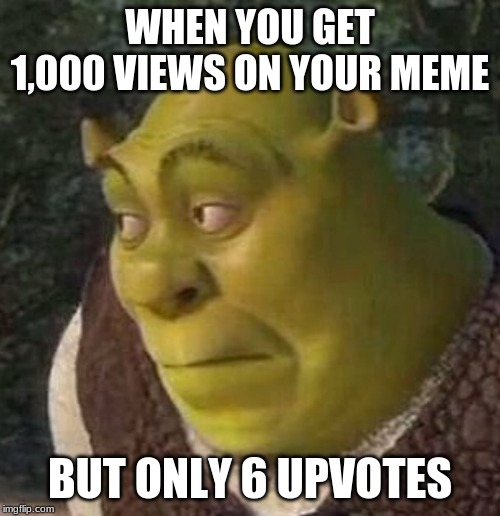 Shrek | WHEN YOU GET 1,000 VIEWS ON YOUR MEME; BUT ONLY 6 UPVOTES | image tagged in shrek | made w/ Imgflip meme maker
