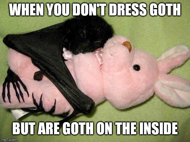 We all have a goth side | WHEN YOU DON'T DRESS GOTH; BUT ARE GOTH ON THE INSIDE | image tagged in bat hugging teddy,memes,goth memes,goth,deep | made w/ Imgflip meme maker