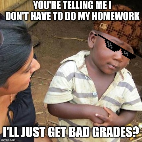 Third World Skeptical Kid Meme | YOU'RE TELLING ME I DON'T HAVE TO DO MY HOMEWORK; I'LL JUST GET BAD GRADES? | image tagged in memes,third world skeptical kid | made w/ Imgflip meme maker