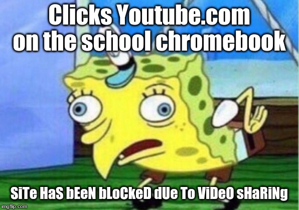 Mocking Spongebob | Clicks Youtube.com on the school chromebook; SiTe HaS bEeN bLoCkeD dUe To ViDeO sHaRiNg | image tagged in memes,mocking spongebob | made w/ Imgflip meme maker