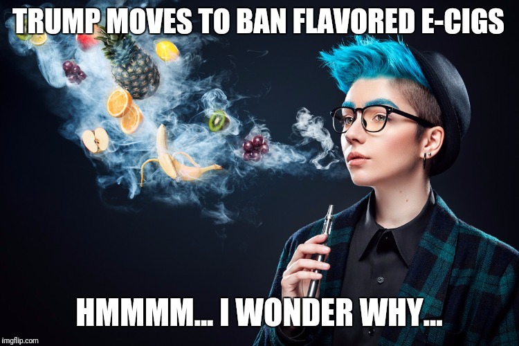 Just the fruity ones | TRUMP MOVES TO BAN FLAVORED E-CIGS; HMMMM... I WONDER WHY... | image tagged in donald trump,vaping,liberals,troll | made w/ Imgflip meme maker