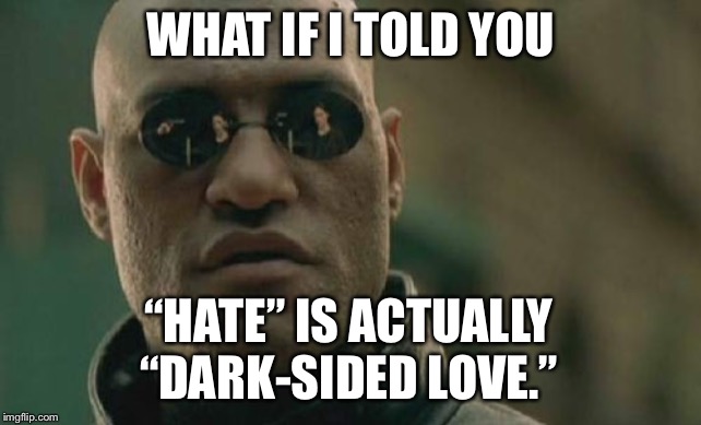 Hate is dark-sided love | WHAT IF I TOLD YOU; “HATE” IS ACTUALLY “DARK-SIDED LOVE.” | image tagged in memes,matrix morpheus,love,hate,feeling,dark | made w/ Imgflip meme maker