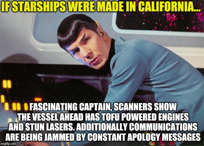 California starships.... | IF STARSHIPS WERE MADE IN CALIFORNIA... FASCINATING CAPTAIN, SCANNERS SHOW THE VESSEL AHEAD HAS TOFU POWERED ENGINES AND STUN LASERS. ADDITIONALLY COMMUNICATIONS ARE BEING JAMMED BY CONSTANT APOLOGY MESSAGES | image tagged in spock scanner | made w/ Imgflip meme maker