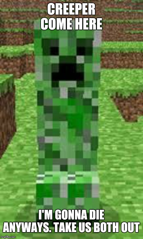 creeper | CREEPER COME HERE I'M GONNA DIE ANYWAYS. TAKE US BOTH OUT | image tagged in creeper | made w/ Imgflip meme maker