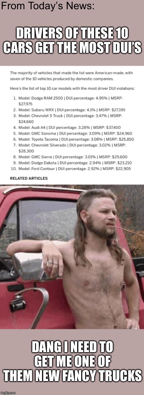From Today’s News:; DRIVERS OF THESE 10 CARS GET THE MOST DUI’S; DANG I NEED TO GET ME ONE OF THEM NEW FANCY TRUCKS | image tagged in almost redneck,breaking news,memes,funny,rednecks,dui | made w/ Imgflip meme maker