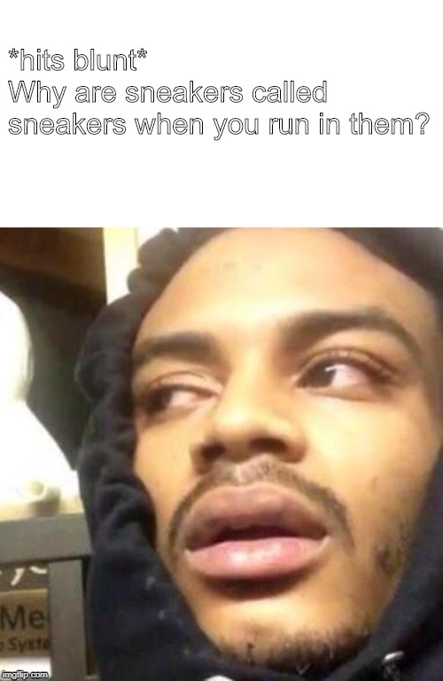 Hits Blunt | *hits blunt* 
Why are sneakers called sneakers when you run in them? | image tagged in hits blunt | made w/ Imgflip meme maker