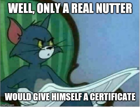 Interrupting Tom's Read | WELL, ONLY A REAL NUTTER WOULD GIVE HIMSELF A CERTIFICATE | image tagged in interrupting tom's read | made w/ Imgflip meme maker