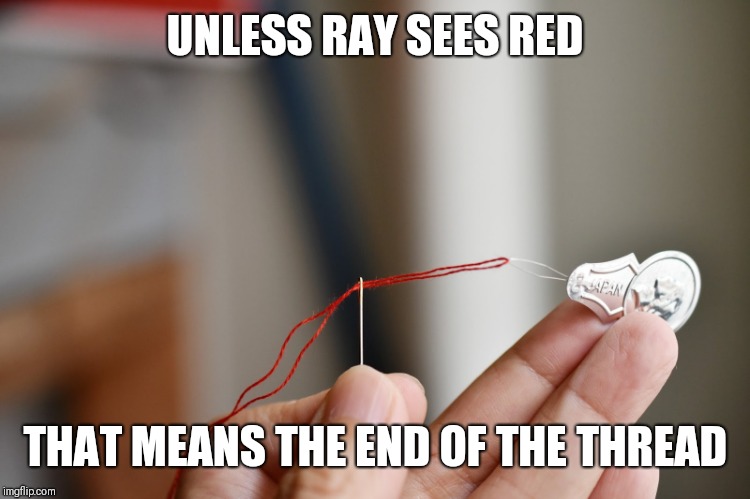 Thread | UNLESS RAY SEES RED THAT MEANS THE END OF THE THREAD | image tagged in thread | made w/ Imgflip meme maker
