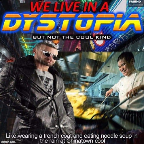 We Live in a Dystopia ...But Not The Cool Kind ...Like Wearing a Trench Coat and eating noodles in the rain at Chinatown Cool | image tagged in dystopia,we,live,trech coat,eating noodle soup,in the rain | made w/ Imgflip meme maker