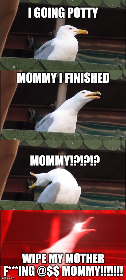 WIPE!!!!!! | I GOING POTTY; MOMMY I FINISHED; MOMMY!?!?!? WIPE MY MOTHER F***ING @$$ MOMMY!!!!!!! | image tagged in memes,inhaling seagull | made w/ Imgflip meme maker