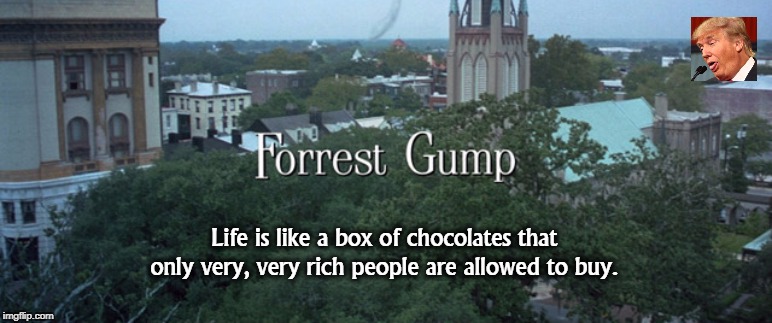 Life is like a box of chocolates that only very, very rich people are allowed to buy. | image tagged in trump,chocolates,forrest gump,rich | made w/ Imgflip meme maker