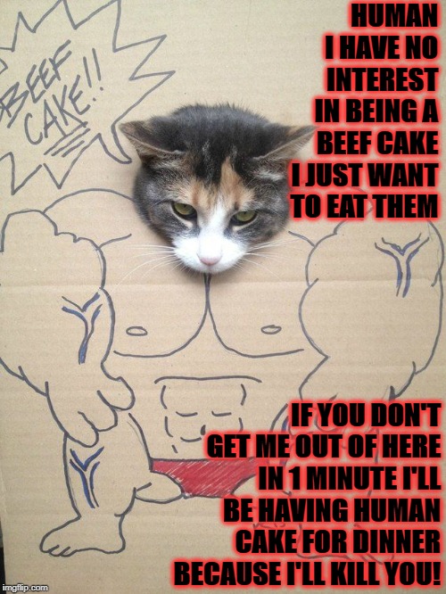 SCREW YOU | HUMAN I HAVE NO INTEREST IN BEING A BEEF CAKE I JUST WANT TO EAT THEM; IF YOU DON'T GET ME OUT OF HERE IN 1 MINUTE I'LL BE HAVING HUMAN CAKE FOR DINNER BECAUSE I'LL KILL YOU! | image tagged in screw you | made w/ Imgflip meme maker