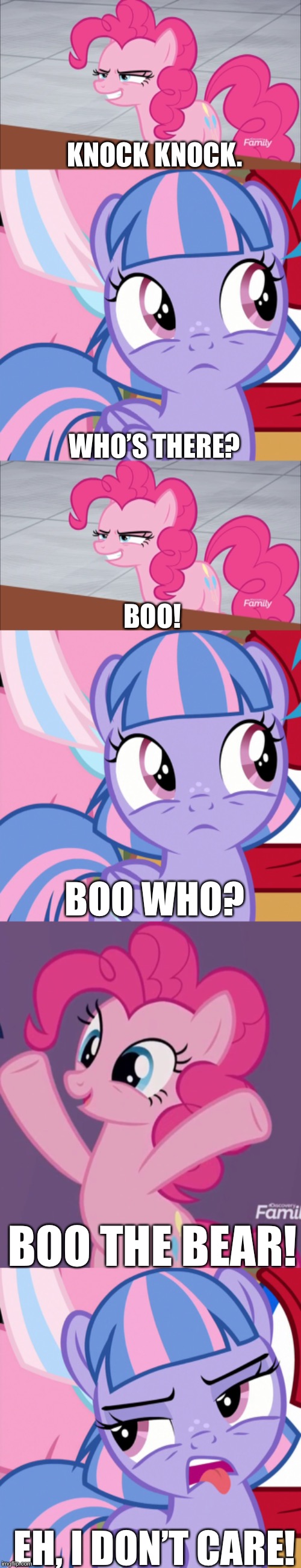 Pinkie pie Knock Knock jokes to Wind Sprint | KNOCK KNOCK. WHO’S THERE? BOO! BOO WHO? BOO THE BEAR! EH, I DON’T CARE! | image tagged in mlp fim,pinkie pie,wind,my little pony | made w/ Imgflip meme maker