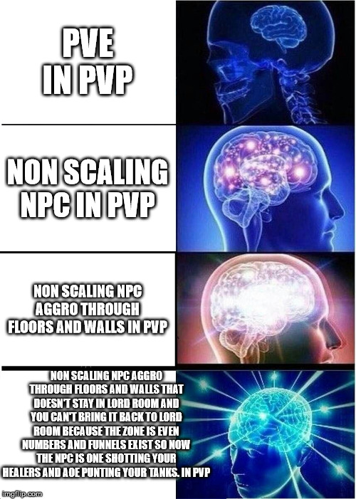 Expanding Brain Meme | PVE IN PVP; NON SCALING NPC IN PVP; NON SCALING NPC AGGRO THROUGH FLOORS AND WALLS IN PVP; NON SCALING NPC AGGRO THROUGH FLOORS AND WALLS THAT DOESN'T STAY IN LORD ROOM AND YOU CAN'T BRING IT BACK TO LORD ROOM BECAUSE THE ZONE IS EVEN NUMBERS AND FUNNELS EXIST SO NOW THE NPC IS ONE SHOTTING YOUR HEALERS AND AOE PUNTING YOUR TANKS. IN PVP | image tagged in memes,expanding brain | made w/ Imgflip meme maker