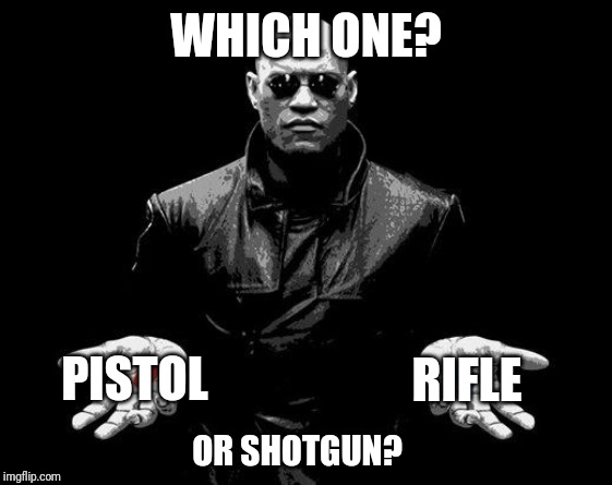 Matrix Morpheus Offer | WHICH ONE? PISTOL RIFLE OR SHOTGUN? | image tagged in matrix morpheus offer | made w/ Imgflip meme maker
