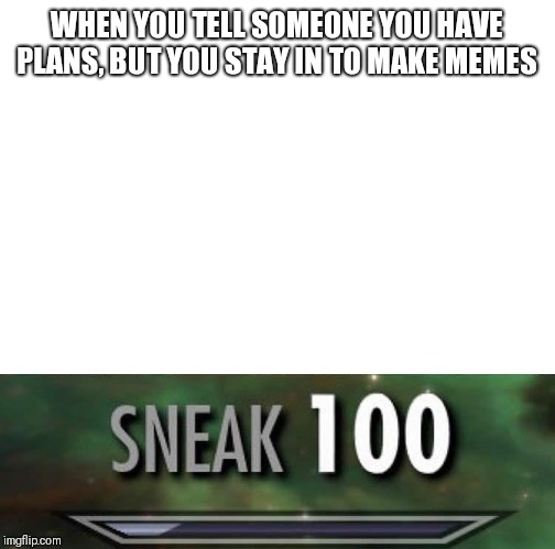 Sneak 100 | WHEN YOU TELL SOMEONE YOU HAVE PLANS, BUT YOU STAY IN TO MAKE MEMES | image tagged in sneak 100 | made w/ Imgflip meme maker