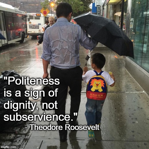 wet dad | "Politeness is a sign of dignity, not subservience."; - Theodore Roosevelt | image tagged in wet dad,quote,teddy roosevelt | made w/ Imgflip meme maker