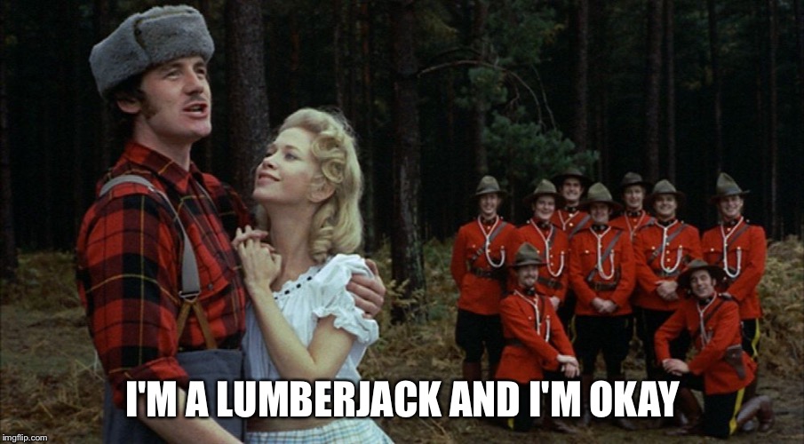 monty python lumberjack | I'M A LUMBERJACK AND I'M OKAY | image tagged in monty python lumberjack | made w/ Imgflip meme maker