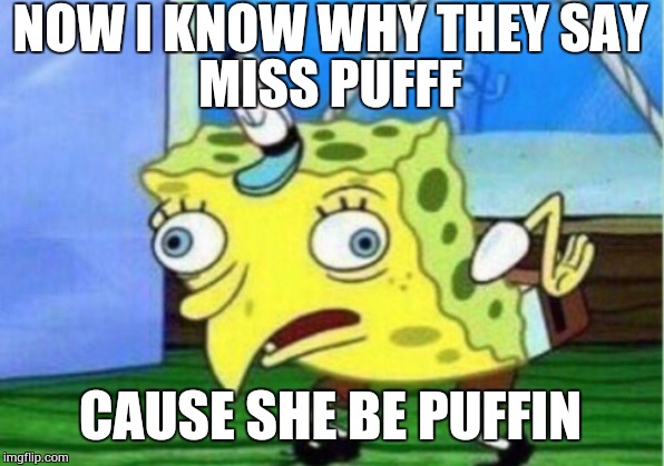 Mocking Spongebob | NOW I KNOW WHY THEY SAY
MISS PUFFF; CAUSE SHE BE PUFFIN | image tagged in memes,mocking spongebob | made w/ Imgflip meme maker