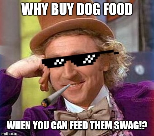 Old meme never gets old | WHY BUY DOG FOOD; WHEN YOU CAN FEED THEM SWAG!? | image tagged in swag wonka,memes,dog | made w/ Imgflip meme maker