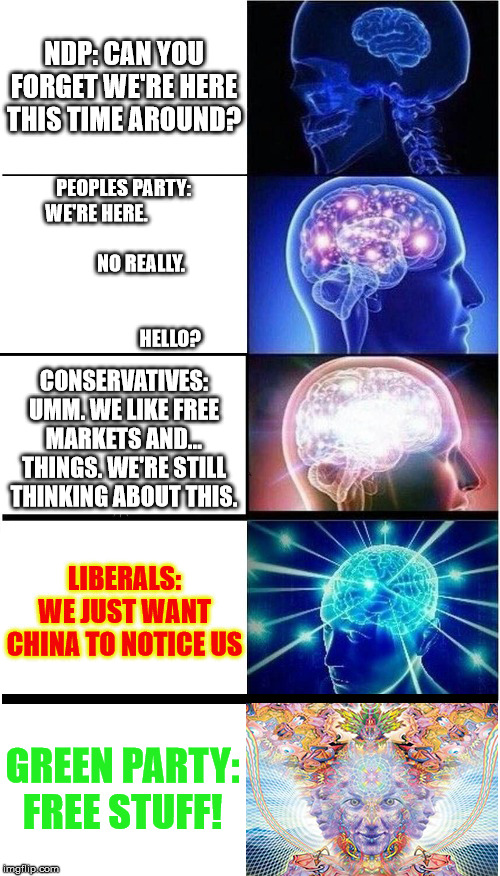 Brain Growth Extended | NDP: CAN YOU FORGET WE'RE HERE THIS TIME AROUND? PEOPLES PARTY: WE'RE HERE.                                                 NO REALLY.                                                                          HELLO? CONSERVATIVES: UMM. WE LIKE FREE MARKETS AND... THINGS. WE'RE STILL THINKING ABOUT THIS. LIBERALS: WE JUST WANT CHINA TO NOTICE US; GREEN PARTY: FREE STUFF! | image tagged in brain growth extended | made w/ Imgflip meme maker