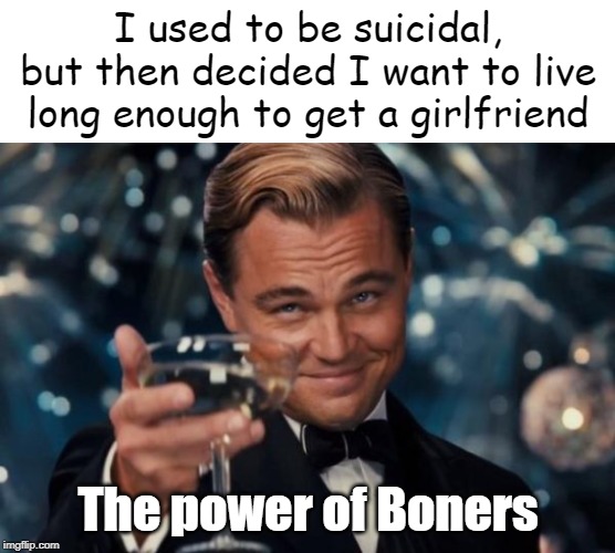 I used to be suicidal, but then decided I want to live long enough to get a girlfriend; The power of Boners | image tagged in power of boners,leonardo dicaprio cheers | made w/ Imgflip meme maker