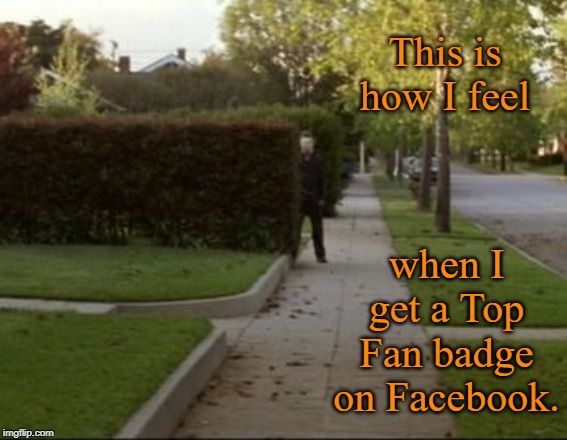 Anyone else feel this way? | This is how I feel; when I get a Top Fan badge on Facebook. | image tagged in michael myers waiting,facebook,halloween,michael myers,memes | made w/ Imgflip meme maker