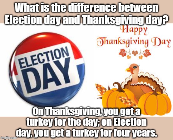 the difference between | What is the difference between Election day and Thanksgiving day? On Thanksgiving, you get a turkey for the day; on Election day, you get a turkey for four years. | image tagged in funny | made w/ Imgflip meme maker