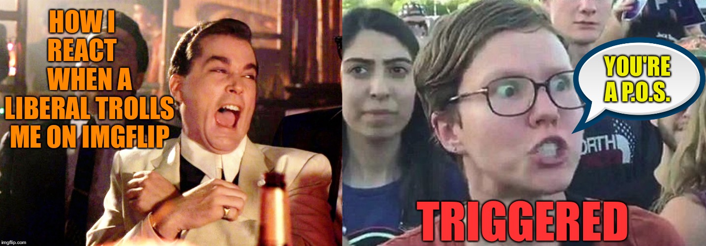 HOW I     REACT     WHEN A LIBERAL TROLLS ME ON IMGFLIP; YOU'RE A P.O.S. TRIGGERED | image tagged in memes,good fellas hilarious,triggered liberal | made w/ Imgflip meme maker
