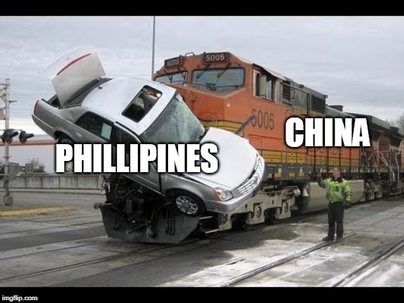 car crashed | PHILLIPINES; CHINA | image tagged in exit 12 highway meme | made w/ Imgflip meme maker