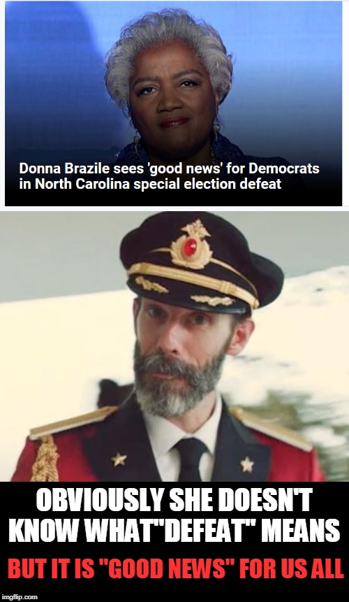 Good News | OBVIOUSLY SHE DOESN'T KNOW WHAT"DEFEAT" MEANS; BUT IT IS "GOOD NEWS" FOR US ALL | image tagged in captain obvious,donna brazile | made w/ Imgflip meme maker