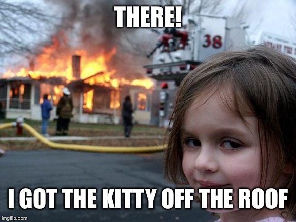 Disaster Girl Meme | THERE! I GOT THE KITTY OFF THE ROOF | image tagged in memes,disaster girl | made w/ Imgflip meme maker