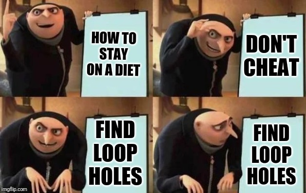 Gru's Plan | HOW TO STAY ON A DIET; DON'T CHEAT; FIND LOOP HOLES; FIND LOOP HOLES | image tagged in gru's plan | made w/ Imgflip meme maker