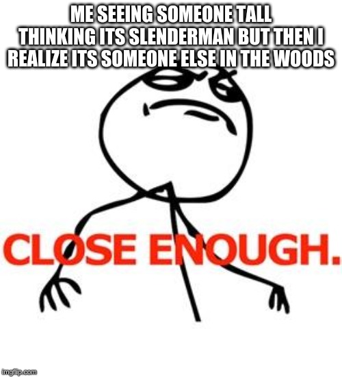 Close enough | ME SEEING SOMEONE TALL THINKING ITS SLENDERMAN BUT THEN I REALIZE ITS SOMEONE ELSE IN THE WOODS | image tagged in close enough | made w/ Imgflip meme maker