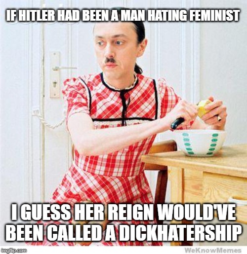 Zeig Her? | IF HITLER HAD BEEN A MAN HATING FEMINIST; I GUESS HER REIGN WOULD'VE BEEN CALLED A DICKHATERSHIP | image tagged in hitler housewife | made w/ Imgflip meme maker