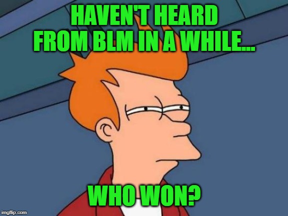 Futurama Fry Meme | HAVEN'T HEARD FROM BLM IN A WHILE... WHO WON? | image tagged in memes,futurama fry | made w/ Imgflip meme maker