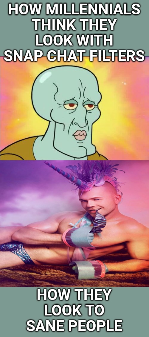 Squidward Meme | HOW MILLENNIALS THINK THEY LOOK WITH SNAP CHAT FILTERS; HOW THEY LOOK TO SANE PEOPLE | image tagged in memes,squidward | made w/ Imgflip meme maker
