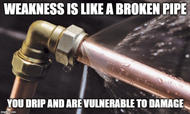 Weakness | WEAKNESS IS LIKE A BROKEN PIPE; YOU DRIP AND ARE VULNERABLE TO DAMAGE | image tagged in weakness,weakness disgusts me,fear,weak,help,brave | made w/ Imgflip meme maker