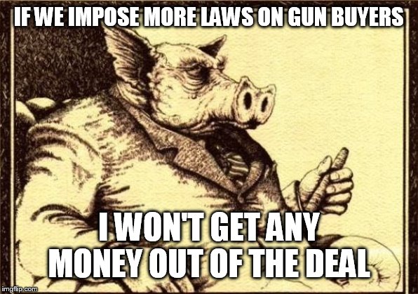 Gun Control: Good for the Noble, Bad for the Greedy | IF WE IMPOSE MORE LAWS ON GUN BUYERS; I WON'T GET ANY MONEY OUT OF THE DEAL | image tagged in capitalist pig fireside chat,gun control,gun laws,guns,money,greed | made w/ Imgflip meme maker