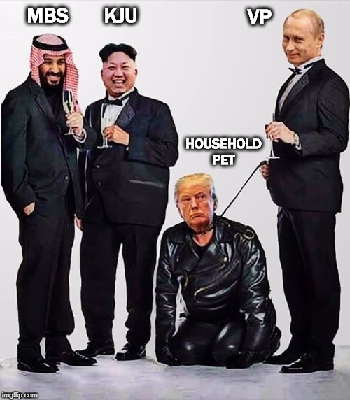 "Here boy! Fetch! Lie down! Rollover! Attaboy!" | KJU; VP; MBS; HOUSEHOLD PET | image tagged in mbs kim putin and their pet trump,trump,dictator | made w/ Imgflip meme maker