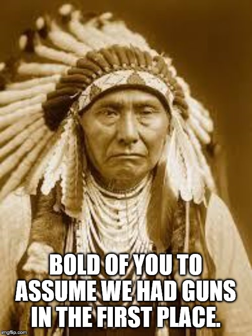 Native American | BOLD OF YOU TO ASSUME WE HAD GUNS IN THE FIRST PLACE. | image tagged in native american | made w/ Imgflip meme maker
