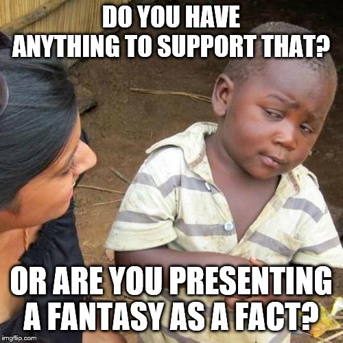 Third World Skeptical Kid Meme | DO YOU HAVE ANYTHING TO SUPPORT THAT? OR ARE YOU PRESENTING A FANTASY AS A FACT? | image tagged in memes,third world skeptical kid | made w/ Imgflip meme maker