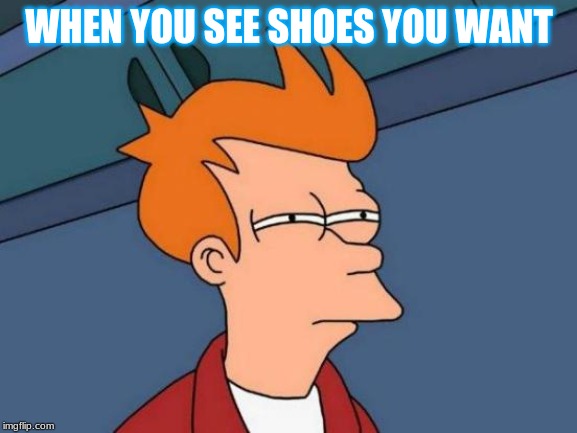 Futurama Fry Meme | WHEN YOU SEE SHOES YOU WANT | image tagged in memes,futurama fry | made w/ Imgflip meme maker