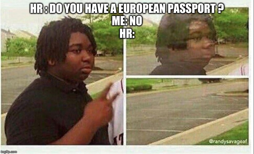 Black guy disappearing | HR : DO YOU HAVE A EUROPEAN PASSPORT ?
ME: NO
HR: | image tagged in black guy disappearing | made w/ Imgflip meme maker
